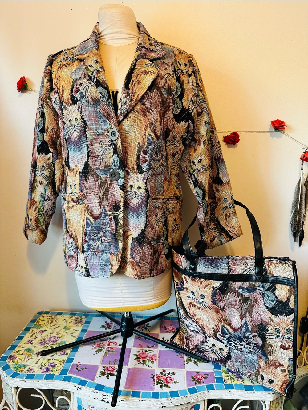 Vintage Multicolor Cat Tapestry Blazer & Matching Tote Bag Set - Picture 1 of 16